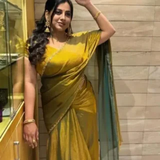 Jimmy Chu Organza Saree: Stone & Mustard